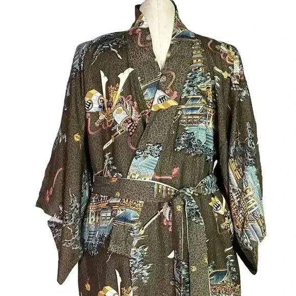 Japanese Kimono Brown Multicolor Mens Pagoda Samurai Helmet Print Lined Belt - Picture 2 of 8